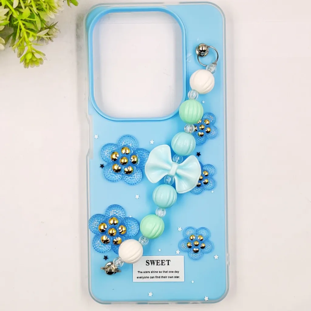 Infinix HOT 40/40 Pro/Spark 20 Pro Fancy Ladies Soft Silicone Decorative Stones & Fancy Chain Mobile Back Case (Sky Blue)