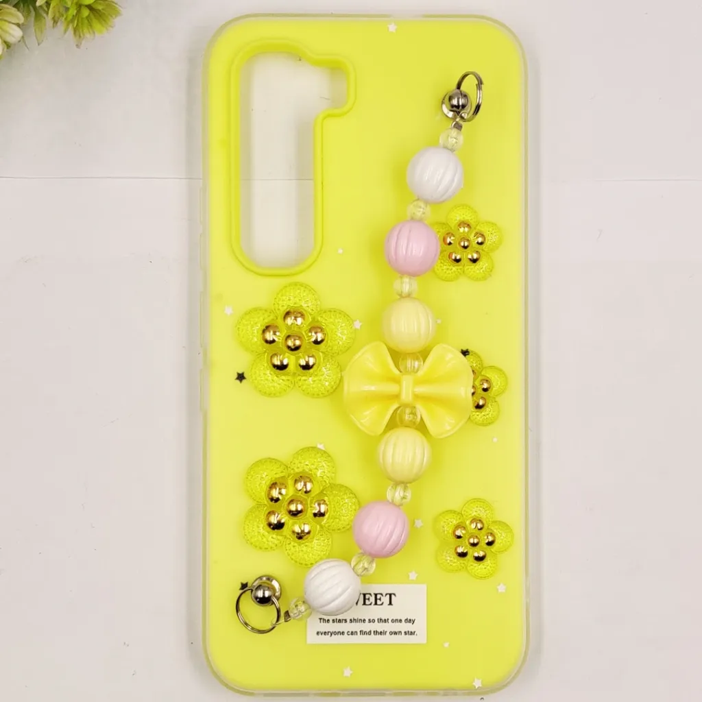Infinix Hot 60 Pro Fancy Ladies Soft Silicone Decorative Stones & Fancy Chain Mobile Back Case (Yellow)