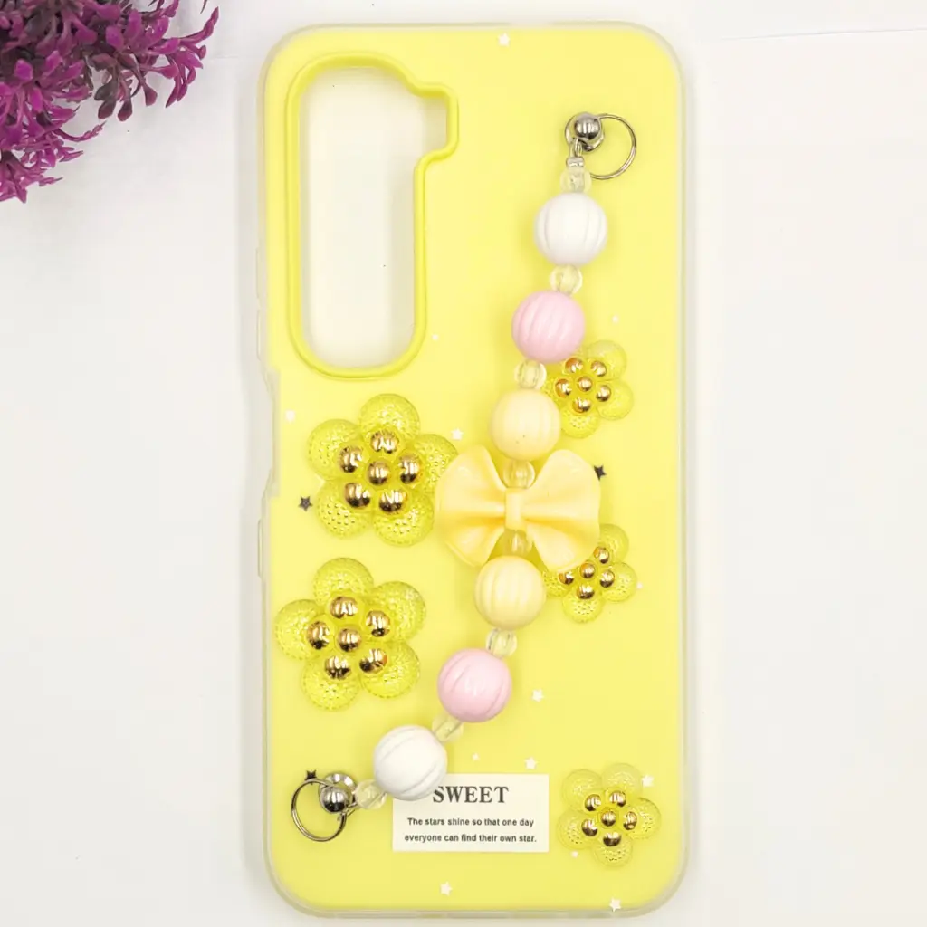 [PO34BIHOT60i-2-6] Infinix Hot 60 4G|Hot 60i 4G Fancy Ladies Soft Silicone Decorative Stones & Fancy Chain Mobile Back Case (Yellow)