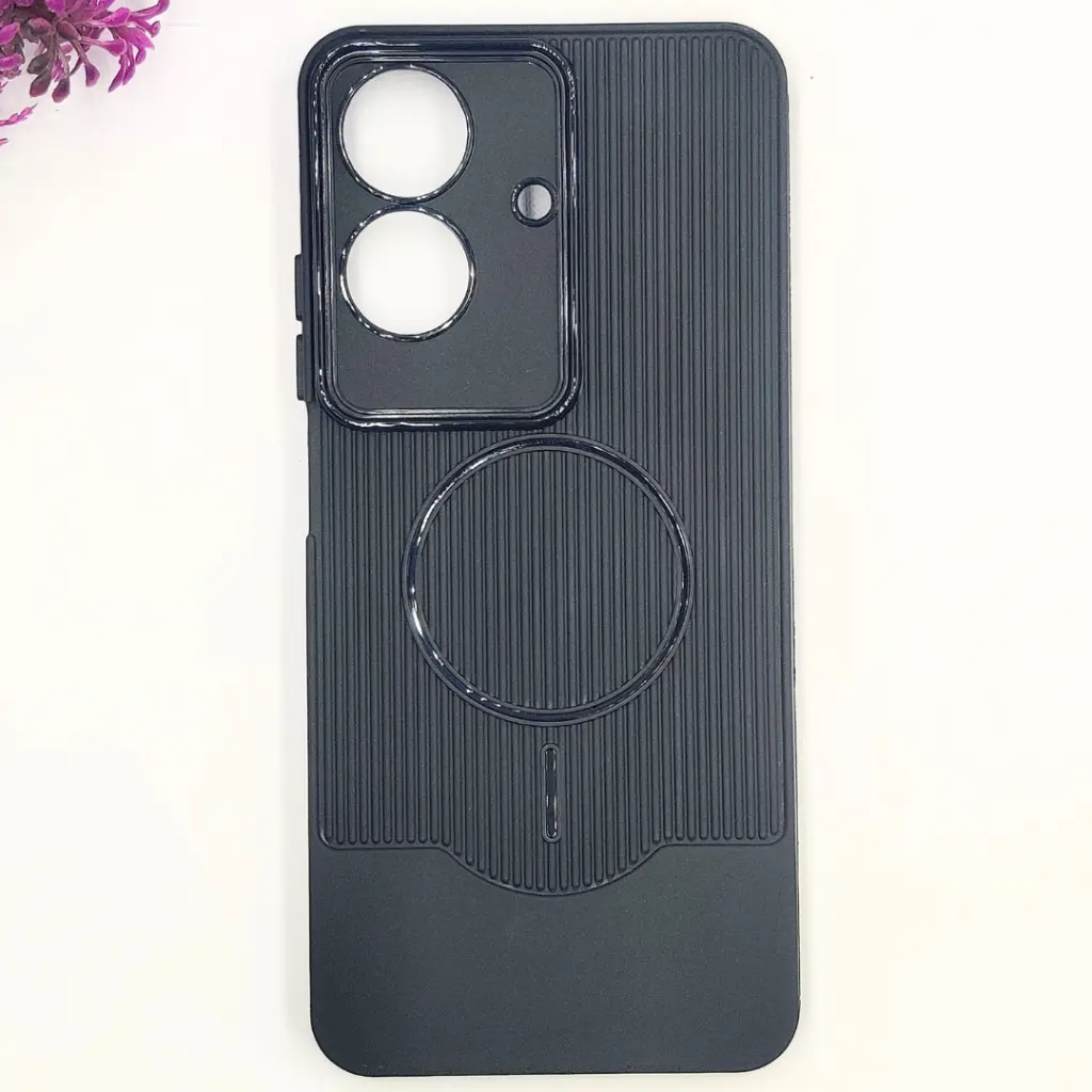 [PO14BORELMENOT60-83-2] Oppo Realme C61|Realme C63|Note 60|Note 60x|Narzo N61 3D Magsafe Logo Carbon Fiber Lining Texture Back Case (Black)