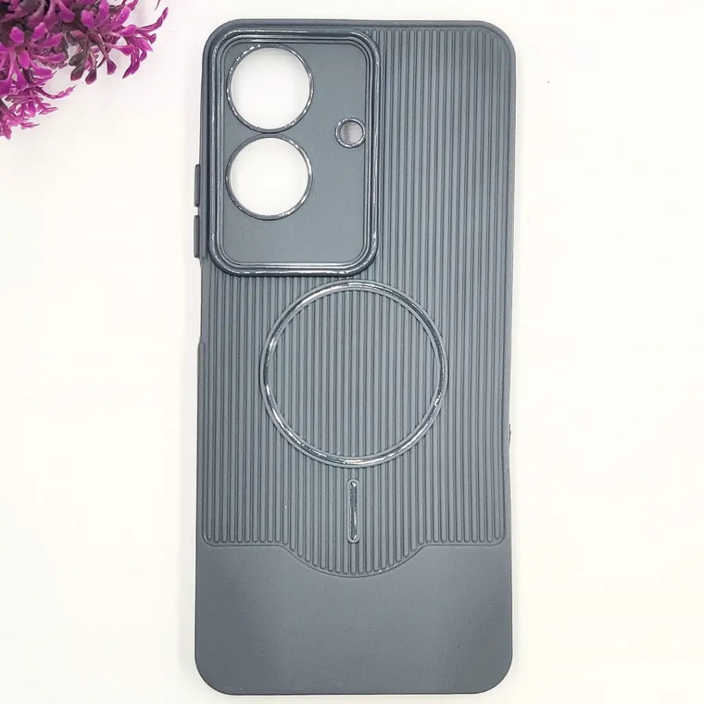 [PO14BORELMENOT60-83-9] Oppo Realme C61|Realme C63|Note 60|Note 60x|Narzo N61 3D Magsafe Logo Carbon Fiber Lining Texture Back Case (Gray)