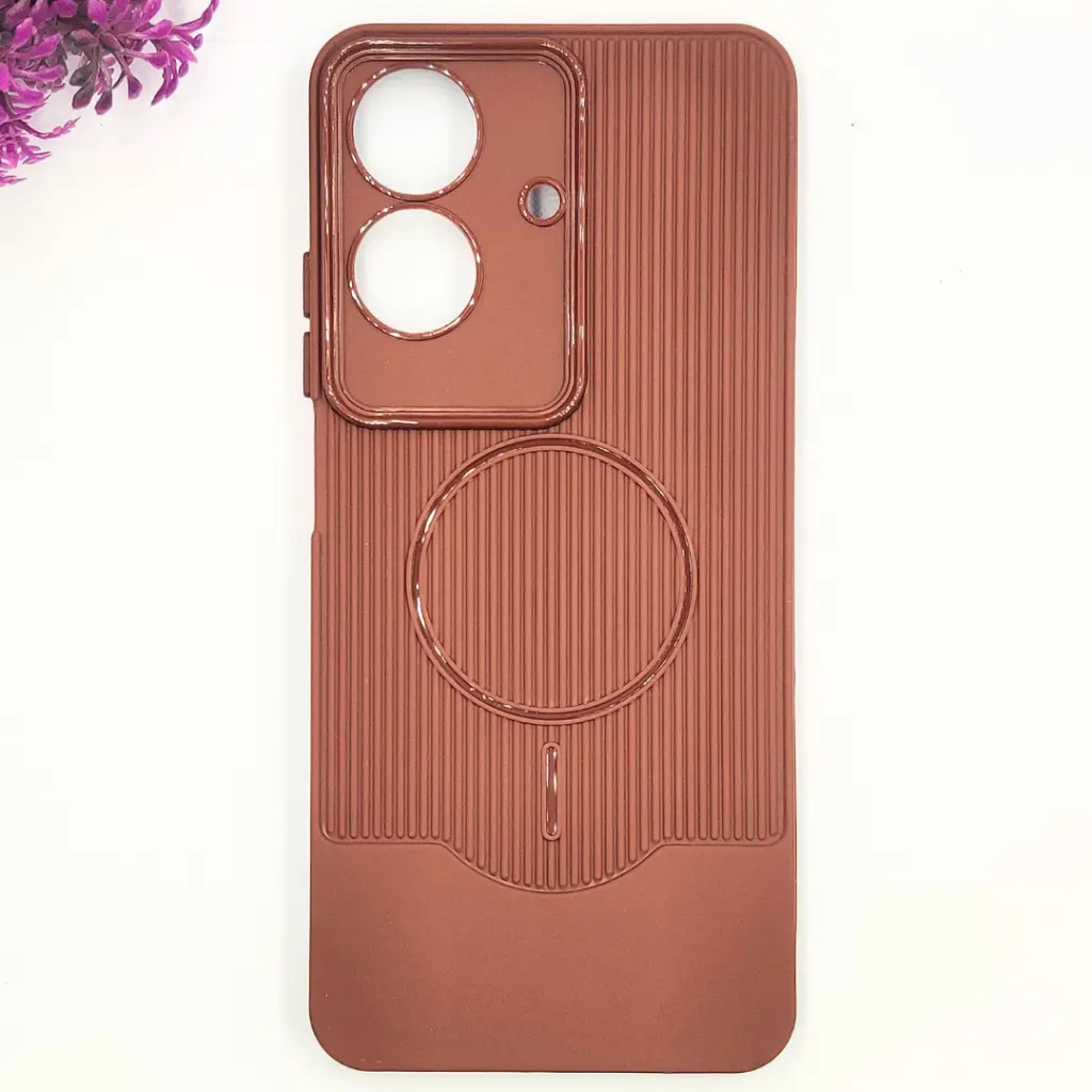 [PO14BORELMENOT60-83-34] Oppo Realme C61|Realme C63|Note 60|Note 60x|Narzo N61 3D Magsafe Logo Carbon Fiber Lining Texture Back Case (Dark Brown)