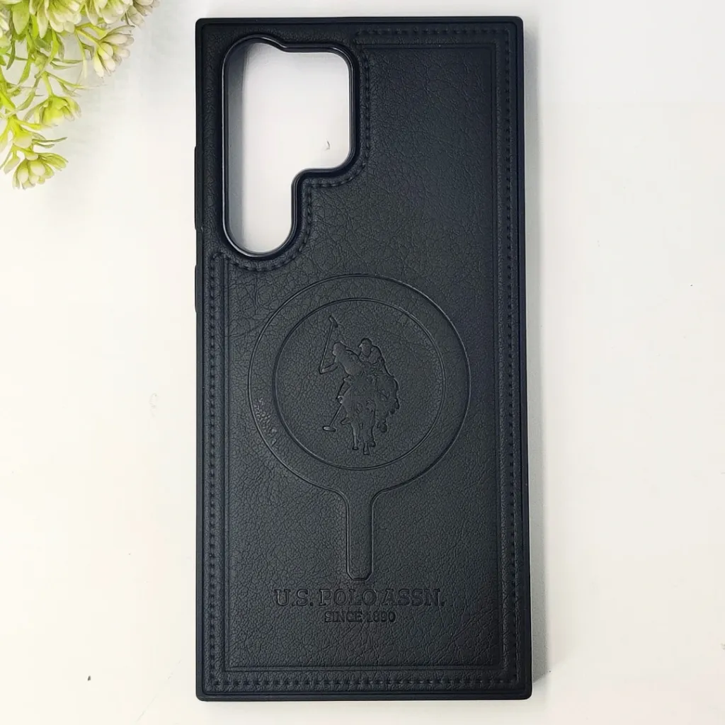 Samsung Galaxy S23 Ultra Premium 3D Polo Logo Leather With Magsafe Wireless Charging Compatible Back Case (Black)