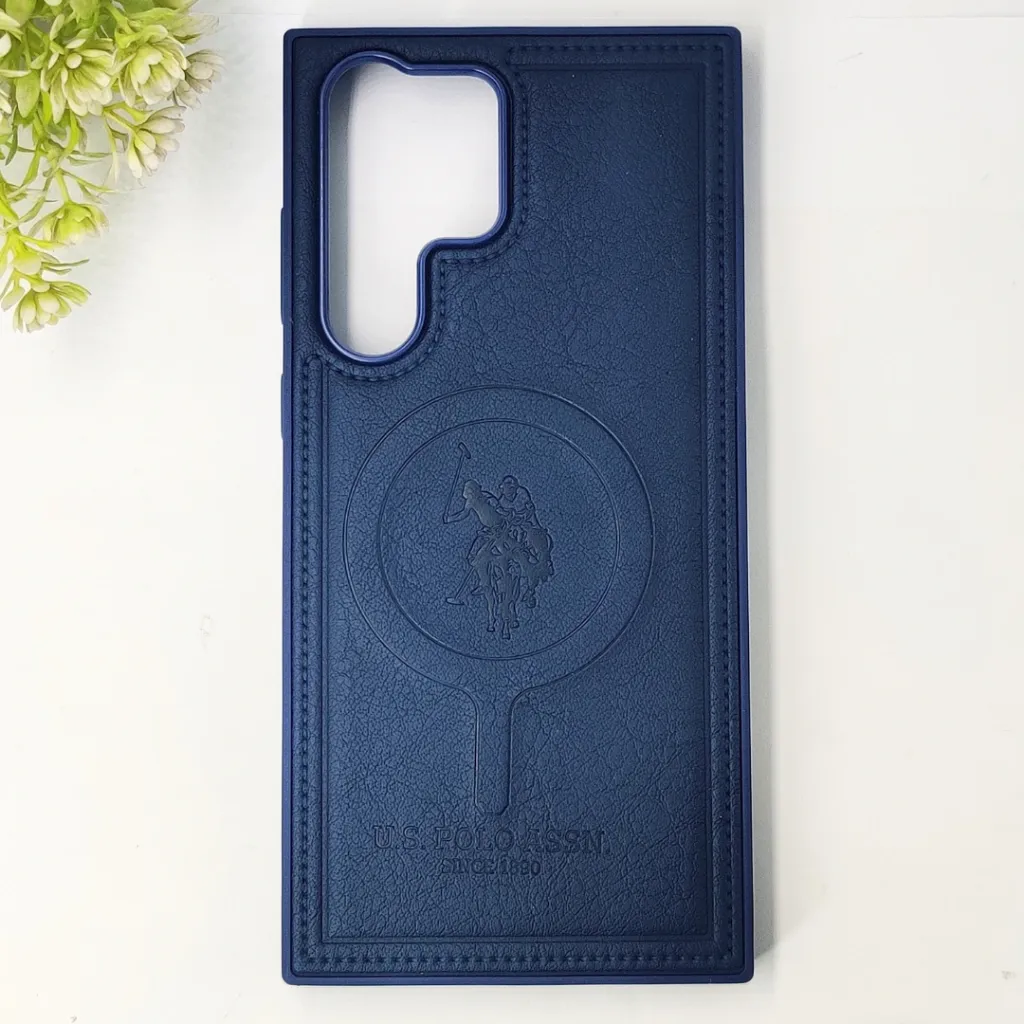 Samsung Galaxy S23 Ultra Premium 3D Polo Logo Leather With Magsafe Wireless Charging Compatible Back Case (Navy Blue)
