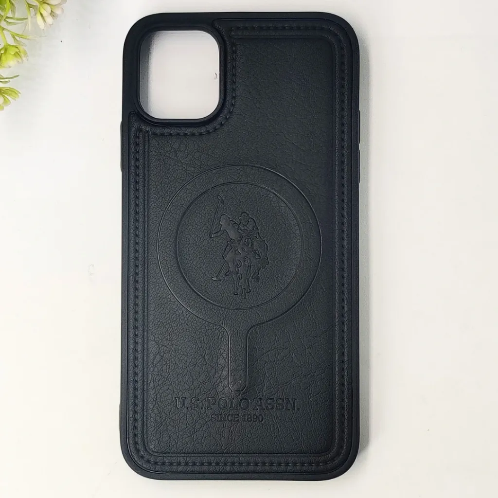 iPhone 11 Premium 3D Polo Logo Leather With Magsafe Wireless Charging Compatible Back Case (Black)