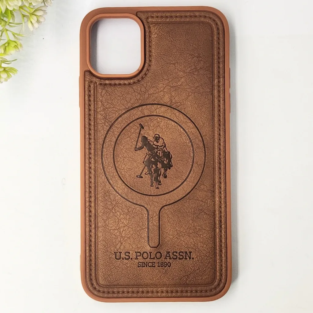 [PO42BIPXIR-29-13] iPhone 11 Premium 3D Polo Logo Leather With Magsafe Wireless Charging Compatible Back Case (Brown)