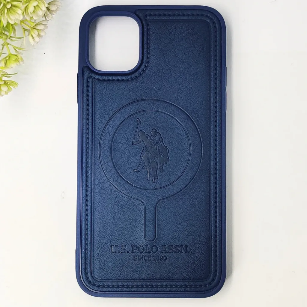 [PO42BIPXIR-29-17] iPhone 11 Premium 3D Polo Logo Leather With Magsafe Wireless Charging Compatible Back Case (Navy Blue)