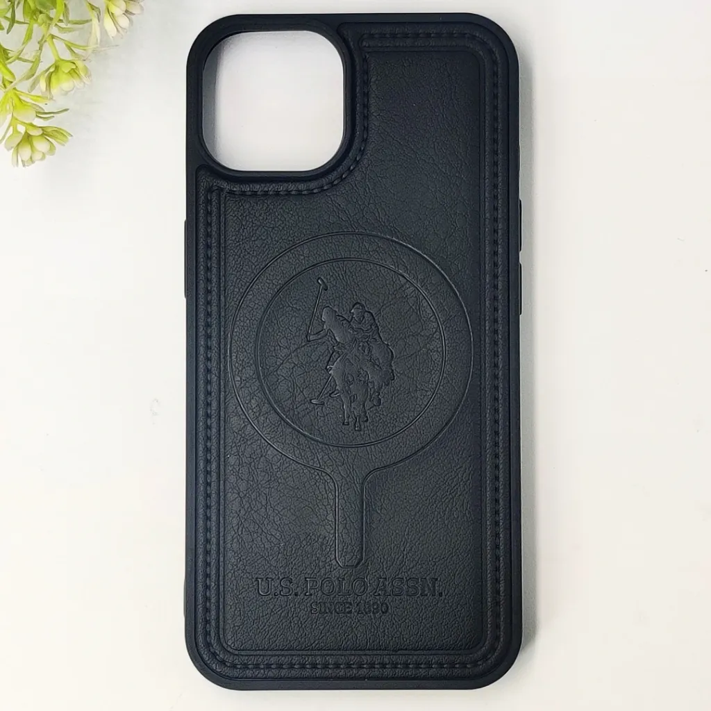 iPhone 14|iPhone 13 Premium 3D Polo Logo Leather With Magsafe Wireless Charging Compatible Back Case (Black)