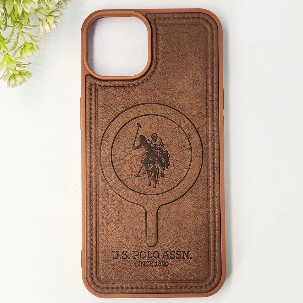 iPhone 14|iPhone 13 Premium 3D Polo Logo Leather With Magsafe Wireless Charging Compatible Back Case (Brown)