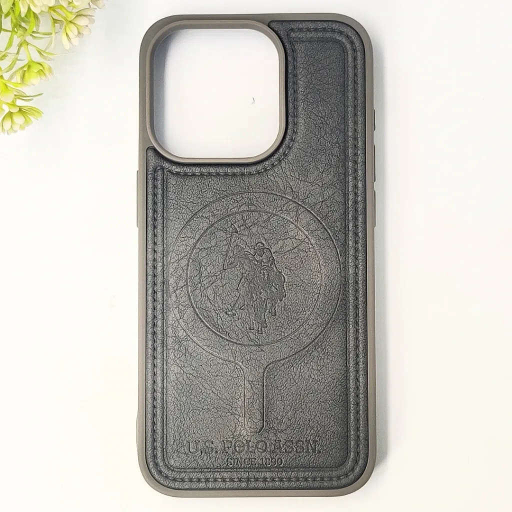 iPhone 15 Pro Premium 3D Polo Logo Leather With Magsafe Wireless Charging Compatible Back Case (Natural Titanium)