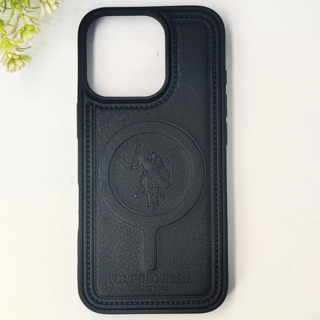 iPhone 16 Pro Premium 3D Polo Logo Leather With Magsafe Wireless Charging Compatible Back Case (Black)