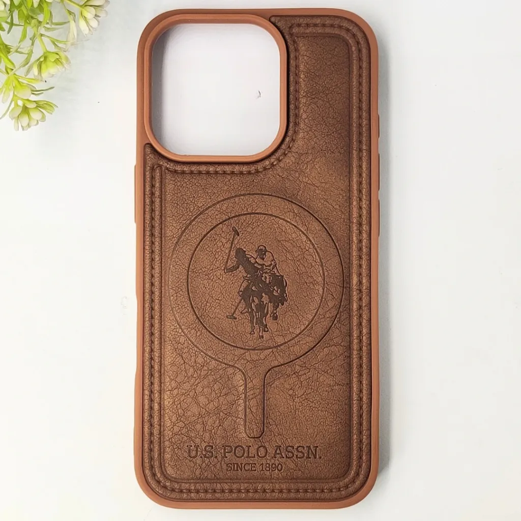 iPhone 16 Pro Premium 3D Polo Logo Leather With Magsafe Wireless Charging Compatible Back Case (Brown)