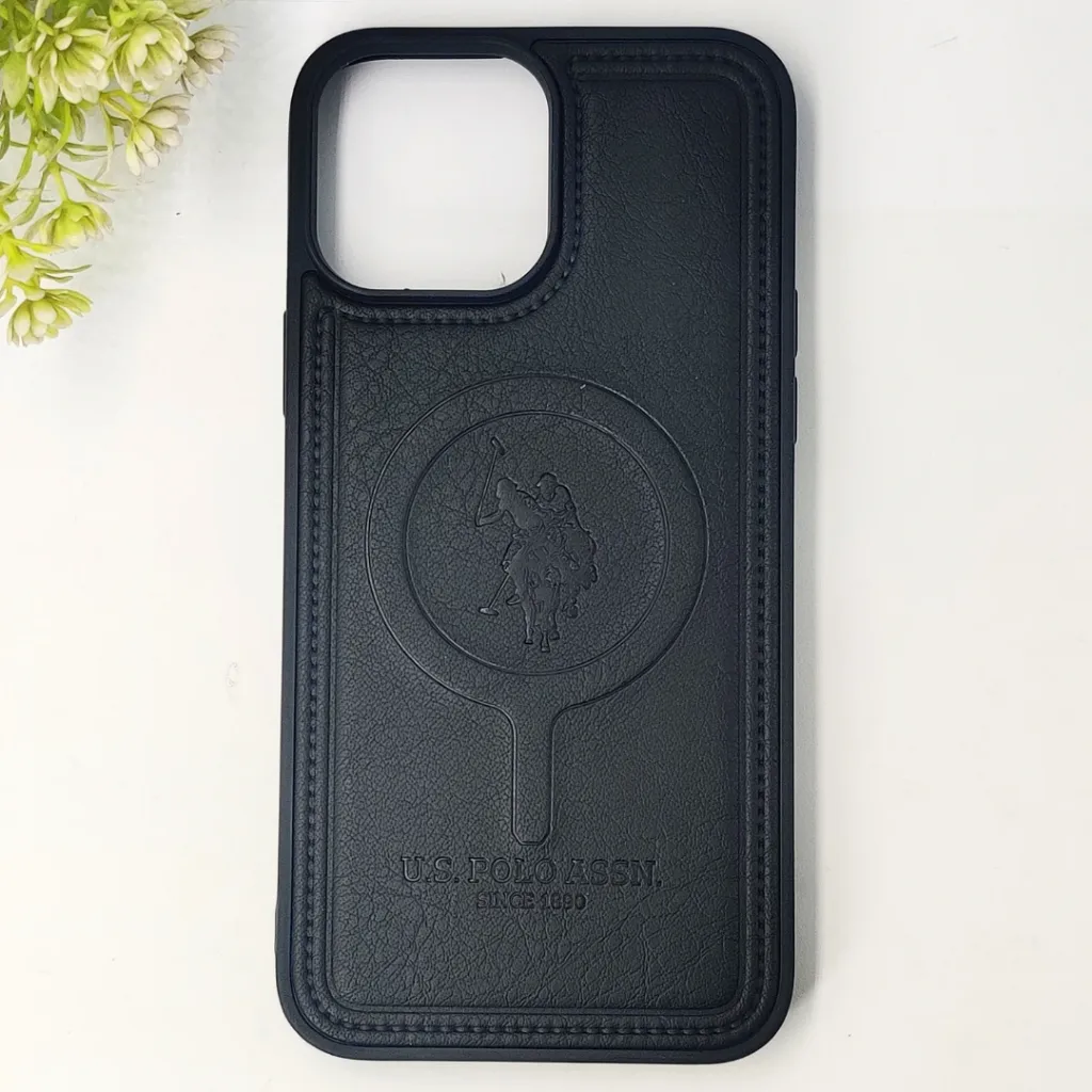 iPhone 13 Pro Max Premium 3D Polo Logo Leather With Magsafe Wireless Charging Compatible Back Case (Black)