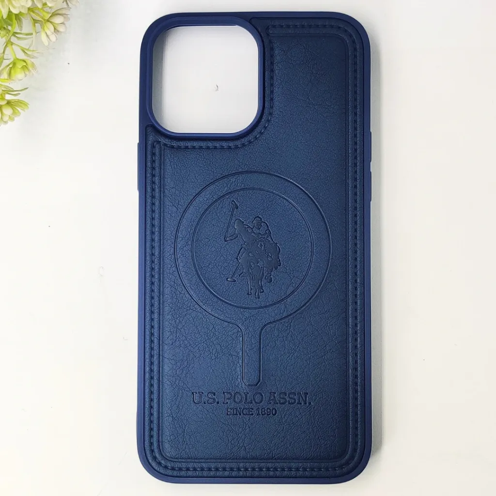 iPhone 13 Pro Max Premium 3D Polo Logo Leather With Magsafe Wireless Charging Compatible Back Case (Navy Blue)