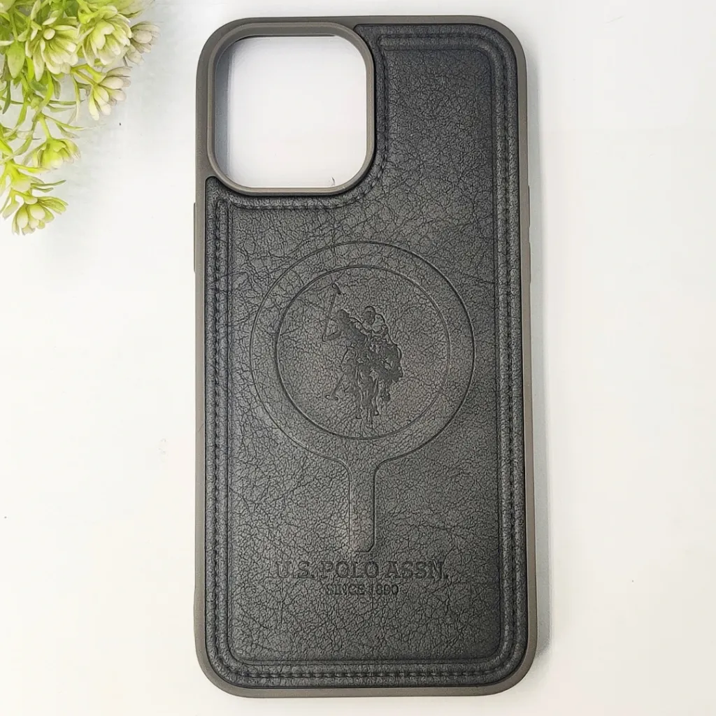 iPhone 13 Pro Max Premium 3D Polo Logo Leather With Magsafe Wireless Charging Compatible Back Case (Natural Tiatnium)