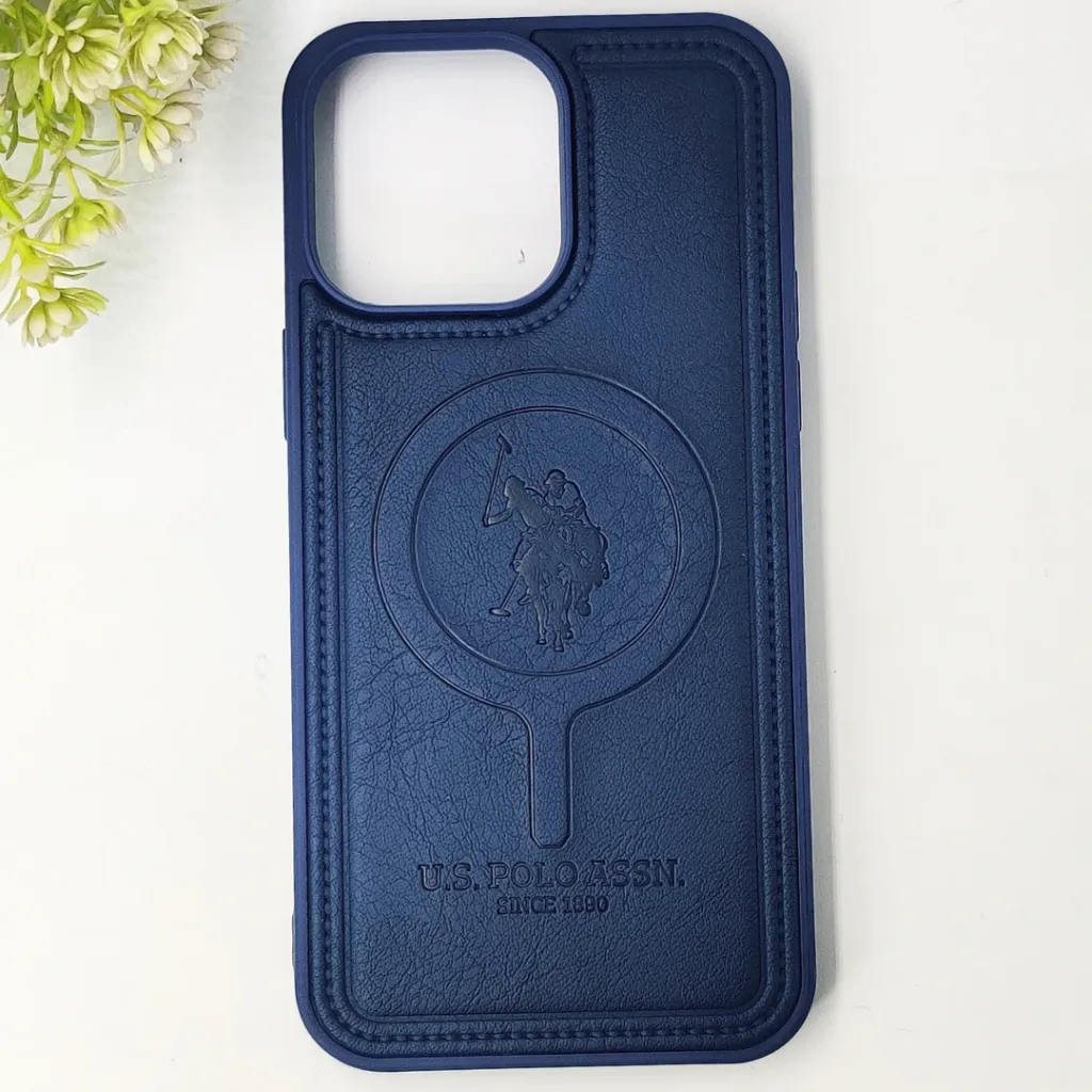 iPhone 14 Pro Max Premium 3D Polo Logo Leather With Magsafe Wireless Charging Compatible Back Case (Navy Blue)