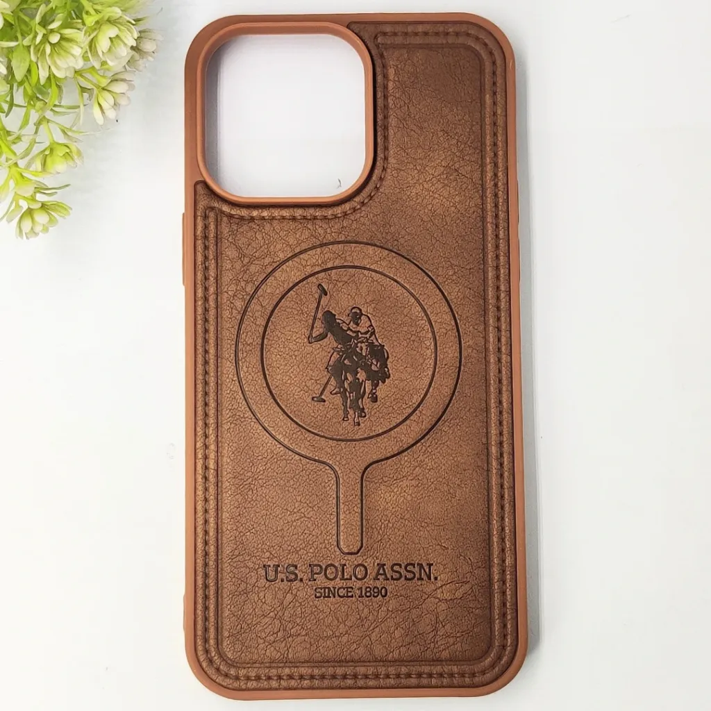 iPhone 14 Pro Max Premium 3D Polo Logo Leather With Magsafe Wireless Charging Compatible Back Case (Brown)