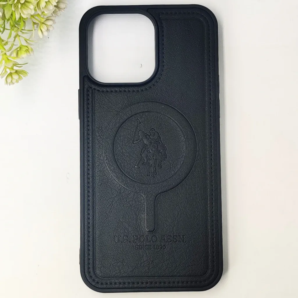 iPhone 14 Pro Max Premium 3D Polo Logo Leather With Magsafe Wireless Charging Compatible Back Case (Black)