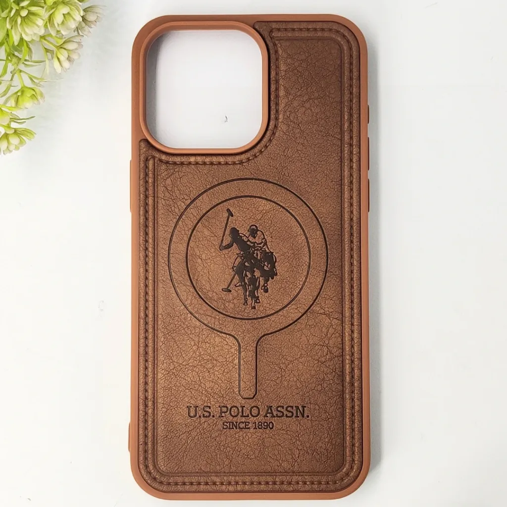 iPhone 15 Pro Max Premium 3D Polo Logo Leather With Magsafe Wireless Charging Compatible Back Case (Brown)