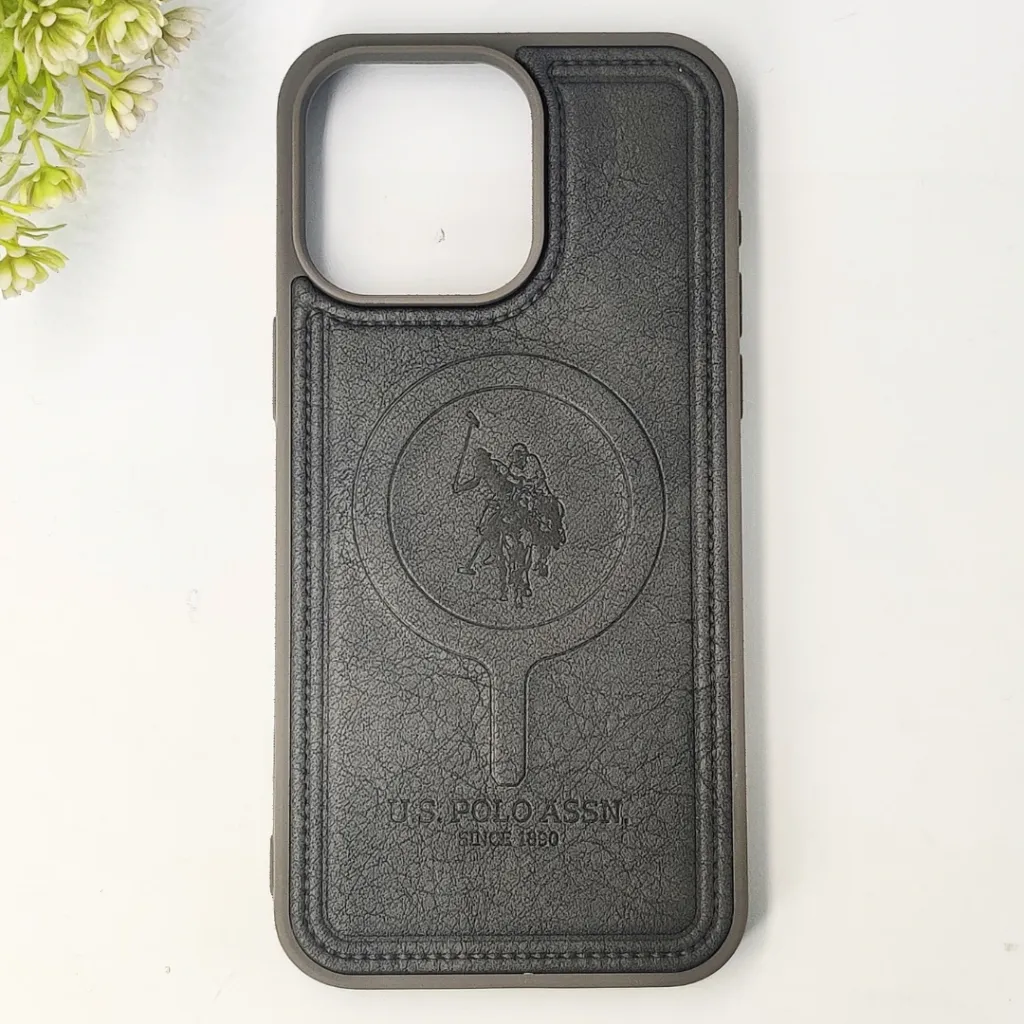 [PO42BIP15PMAX-29-36] iPhone 15 Pro Max Premium 3D Polo Logo Leather With Magsafe Wireless Charging Compatible Back Case (Natural Titanium)