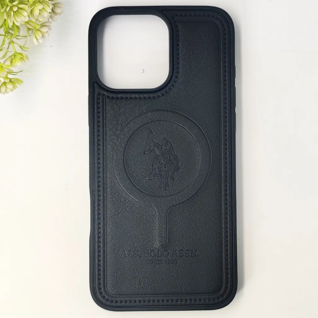 iPhone 16 Pro Max Premium 3D Polo Logo Leather With Magsafe Wireless Charging Compatible Back Case (Black)