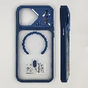 iPhone 17 Pro Max (Upgrade to Design) The prominent circular ring on the back indicates built-in magnets for MagSafe charging and accessory compatibility Back Case (Navy Blue)
