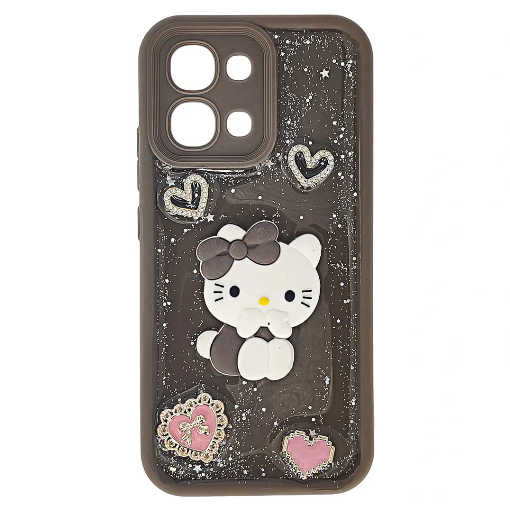 [PO40BOA6PR-14-34] Oppo A6 Pro 4G 3D Glitter Glue Rissen Kitty Fancy Back Case (Dark Brown)