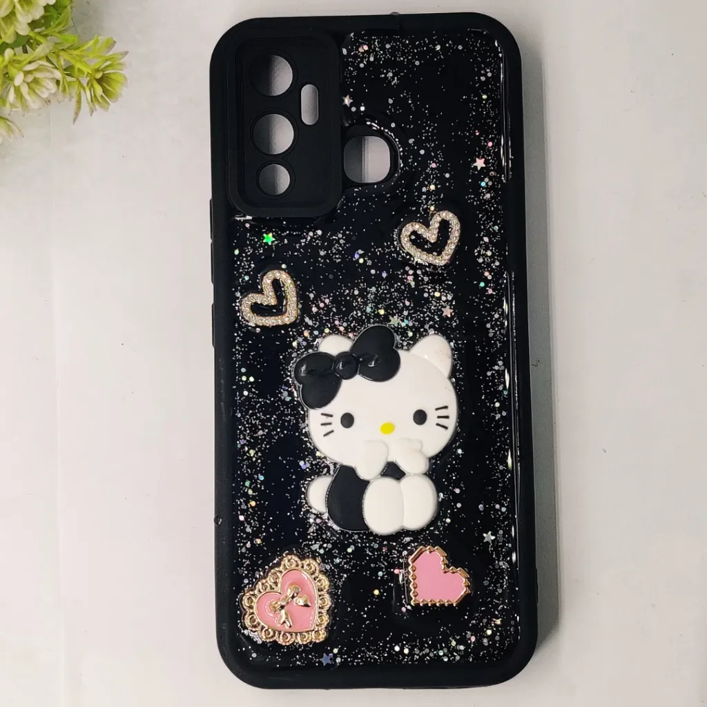 Infinix Hot 12 Play 3D Glitter Glue Rissen Kitty Fancy Back Case (Black)