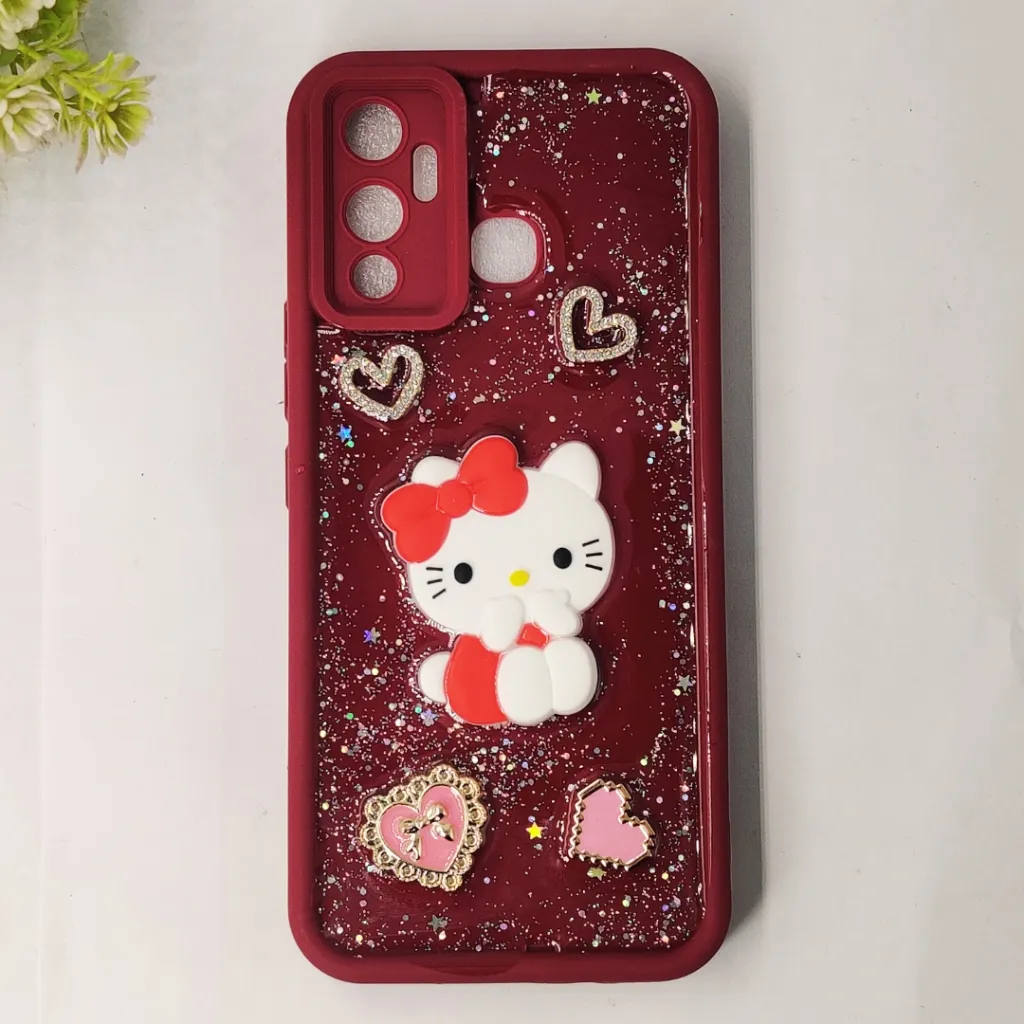 Infinix Hot 12 Play 3D Glitter Glue Rissen Kitty Fancy Back Case (Maroon)