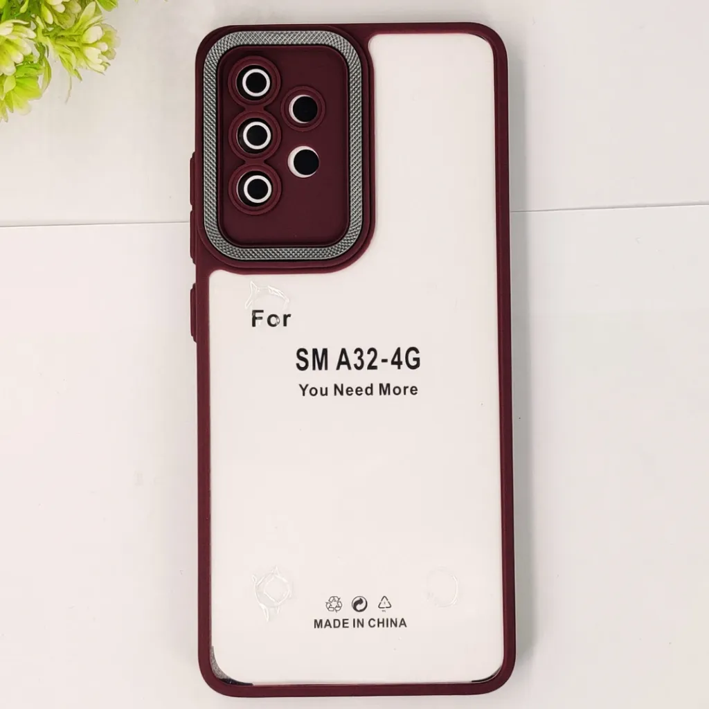 Samsung Galaxy A32 4G iPaky Transparent Back Case Colour Border With Camera Chrome Finishing Back Case (Maroon)