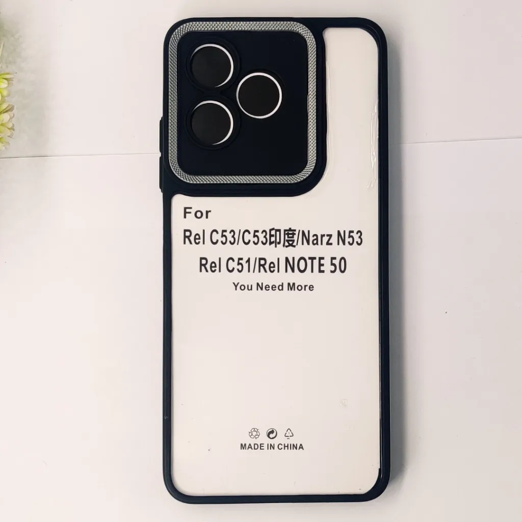 Oppo Realme C51|C53|Note 50|SparX Neo 8 Pro|Narzo N53 iPaky Transparent Colour Border With Camera Chrome Finishing Back Case (Black)