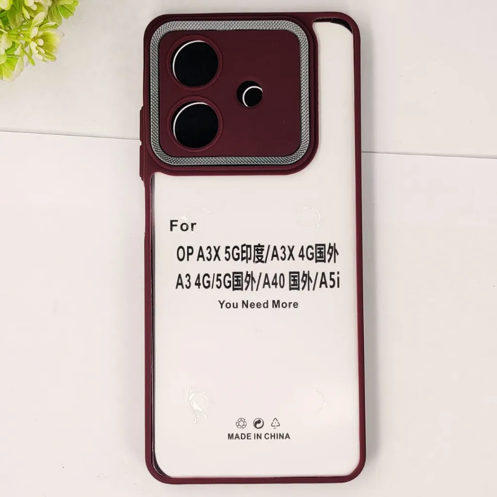 Oppo A3x 4G|5G|A3 4G|5G|A5i|A40| iPaky Transparent Colour Border With Camera Chrome Finishing Back Case (Maroon)