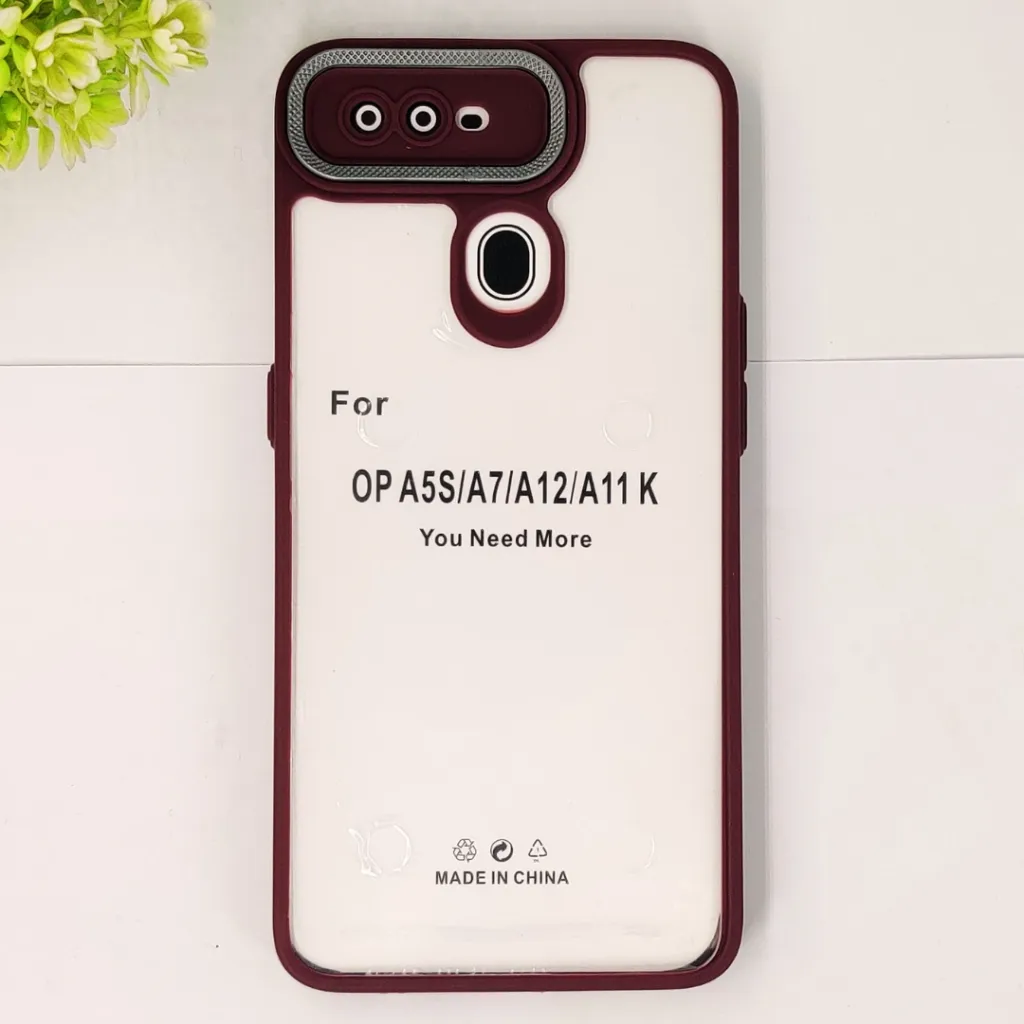 Oppo A5S|A12|A11K|A7|F9 iPaky Transparent Colour Border With Camera Chrome Finishing Back Case (Maroon)