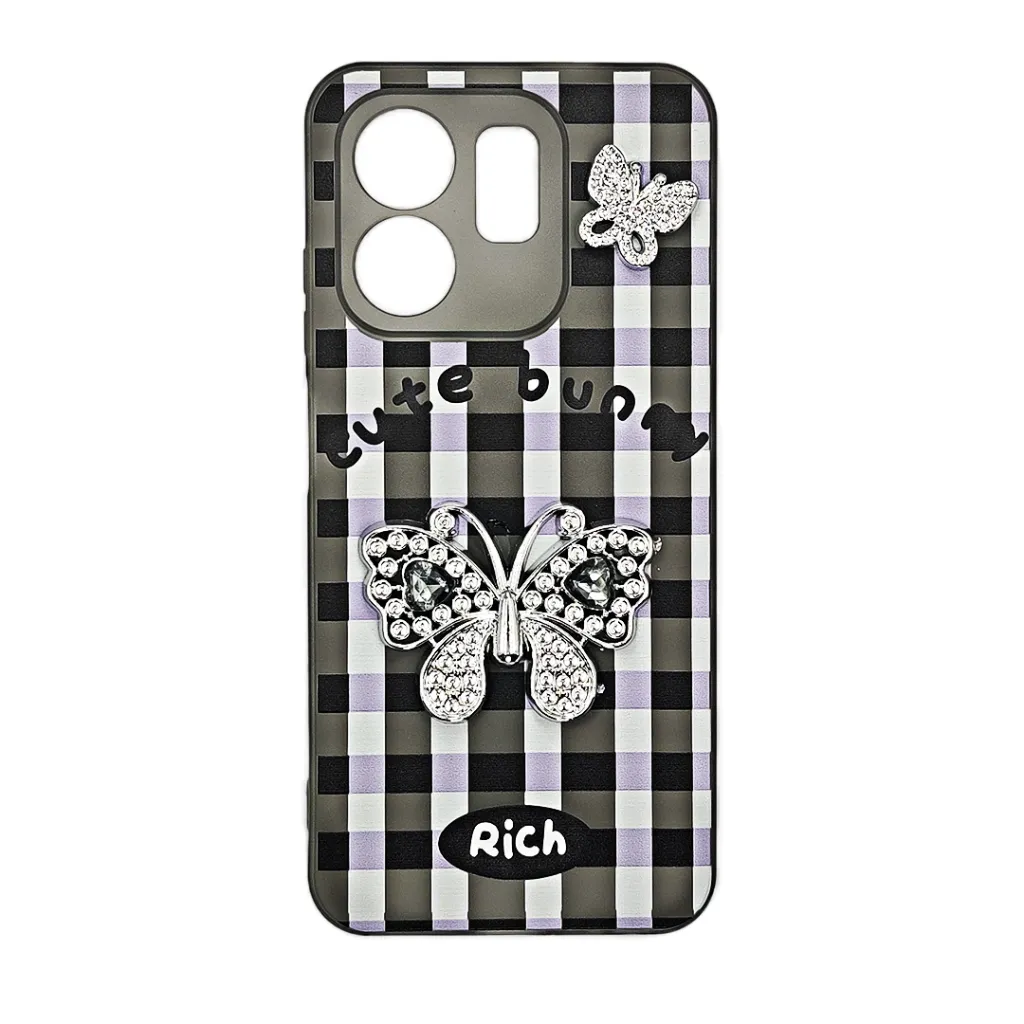 [PO9BIHOT50i-17-2] Infinix HOT 50i|Smart 9|Smart 9 HD Soft Silicone Fancy Silver Stones Butterflies Mobile Back Case (Black)