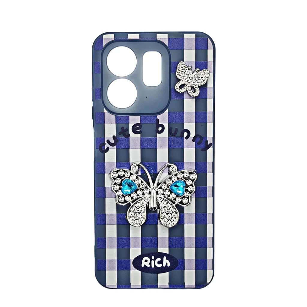 Infinix HOT 50i|Smart 9|Smart 9 HD Soft Silicone Fancy Silver Stones Butterflies Mobile Back Case (Blue)