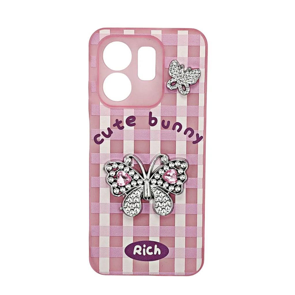[PO9BIHOT50i-17-10] Infinix HOT 50i|Smart 9|Smart 9 HD Soft Silicone Fancy Silver Stones Butterflies Mobile Back Case (Pink)