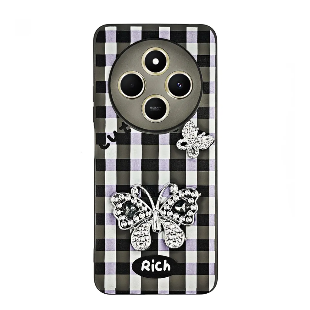 [PO9BMI14C-17-2] Xaiomi Redmi 14C| Poco C75 Soft Silicone Fancy Silver Stones Butterflies Mobile Back Case (Black)
