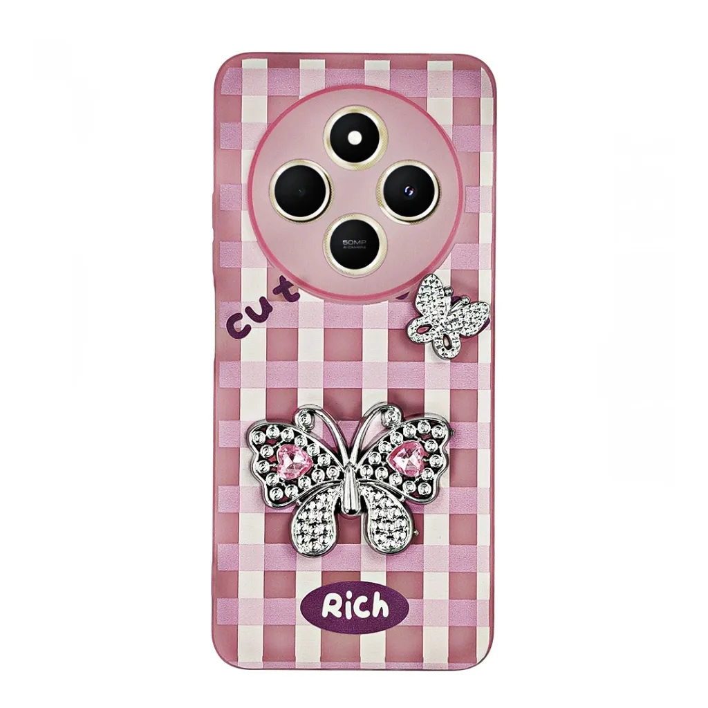 [PO9BMI14C-17-10] Xaiomi Redmi 14C| Poco C75 Soft Silicone Fancy Silver Stones Butterflies Mobile Back Case (Pink)