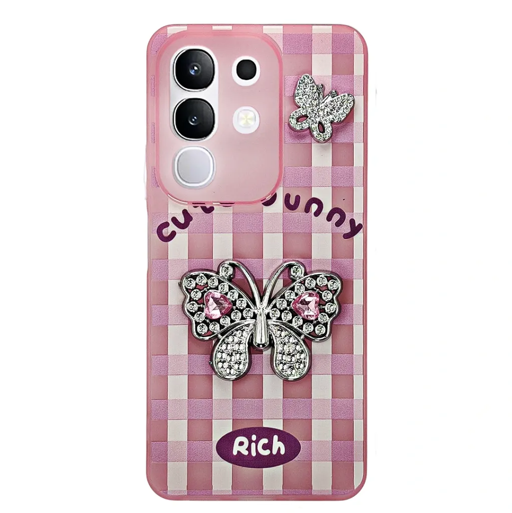 [PO9BVIY29-17-10] Vivo Y29 4G|T4X 5G Soft Silicone Fancy Silver Stones Butterflies Mobile Back Case (Pink)