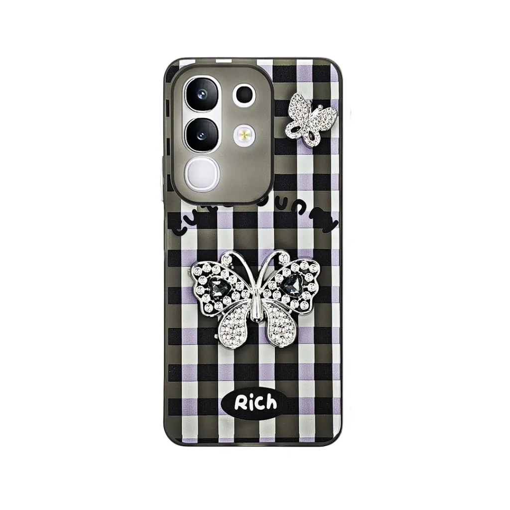[PO9BVIY29-17-2] Vivo Y29 4G|T4X 5G Soft Silicone Fancy Silver Stones Butterflies Mobile Back Case (Black)