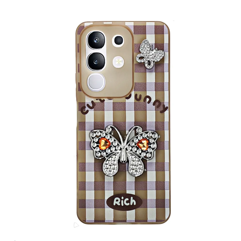 [PO9BVIY29-17-42] Vivo Y29 4G|T4X 5G Soft Silicone Fancy Silver Stones Butterflies Mobile Back Case (Desert Titanium)