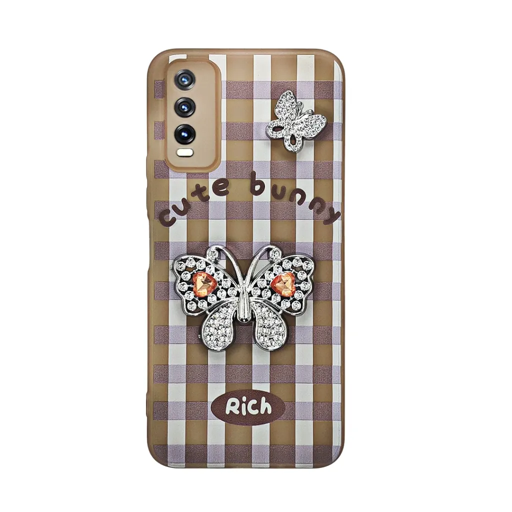 [PO9BVIY20-17-42] Vivo Y20|Y20i|Y20S|Y12S|Y12A Soft Silicone Fancy Silver Stones Butterflies Mobile Back Case (Desert Titanium)