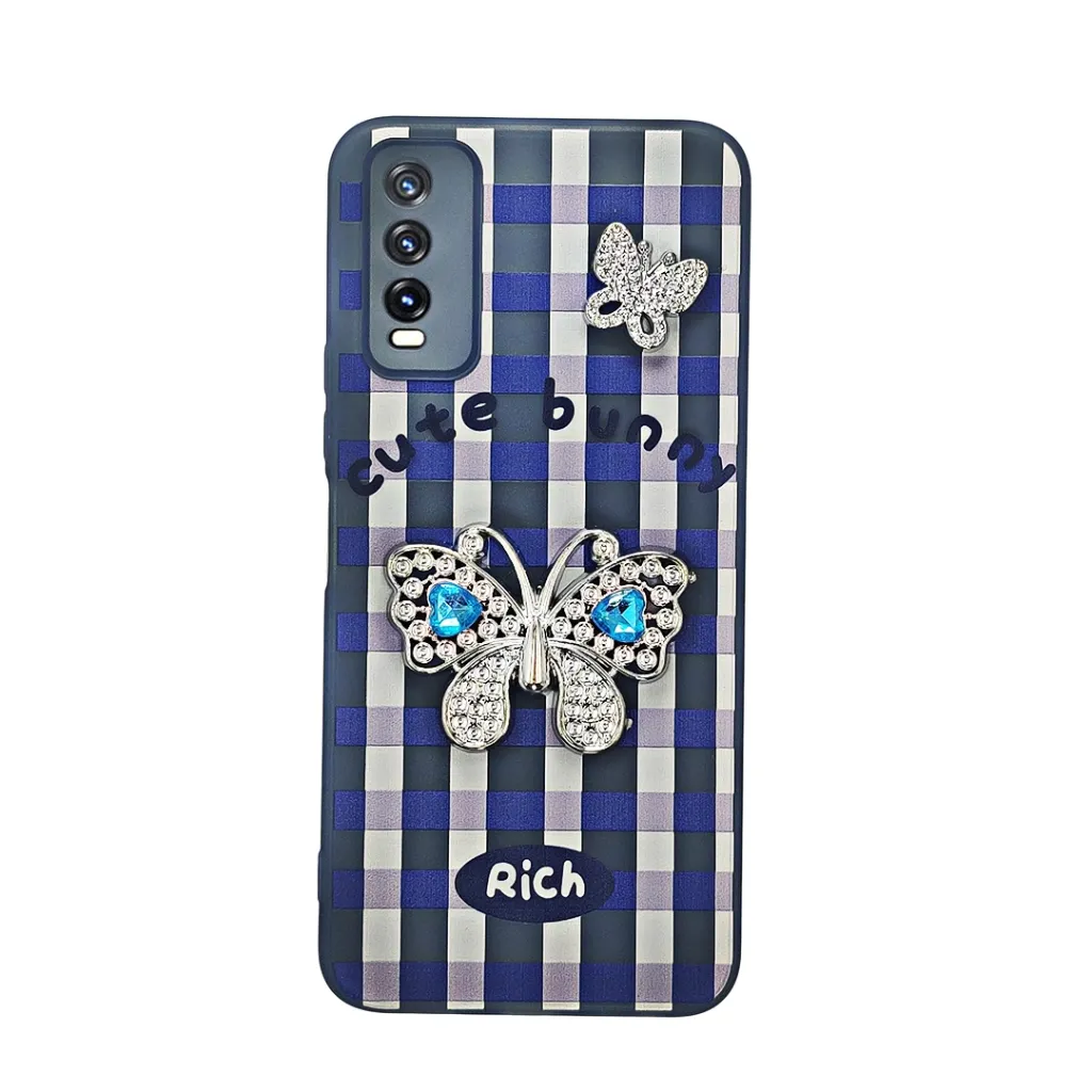 [PO9BVIY20-17-3] Vivo Y20|Y20i|Y20S|Y12S|Y12A Soft Silicone Fancy Silver Stones Butterflies Mobile Back Case (Blue)