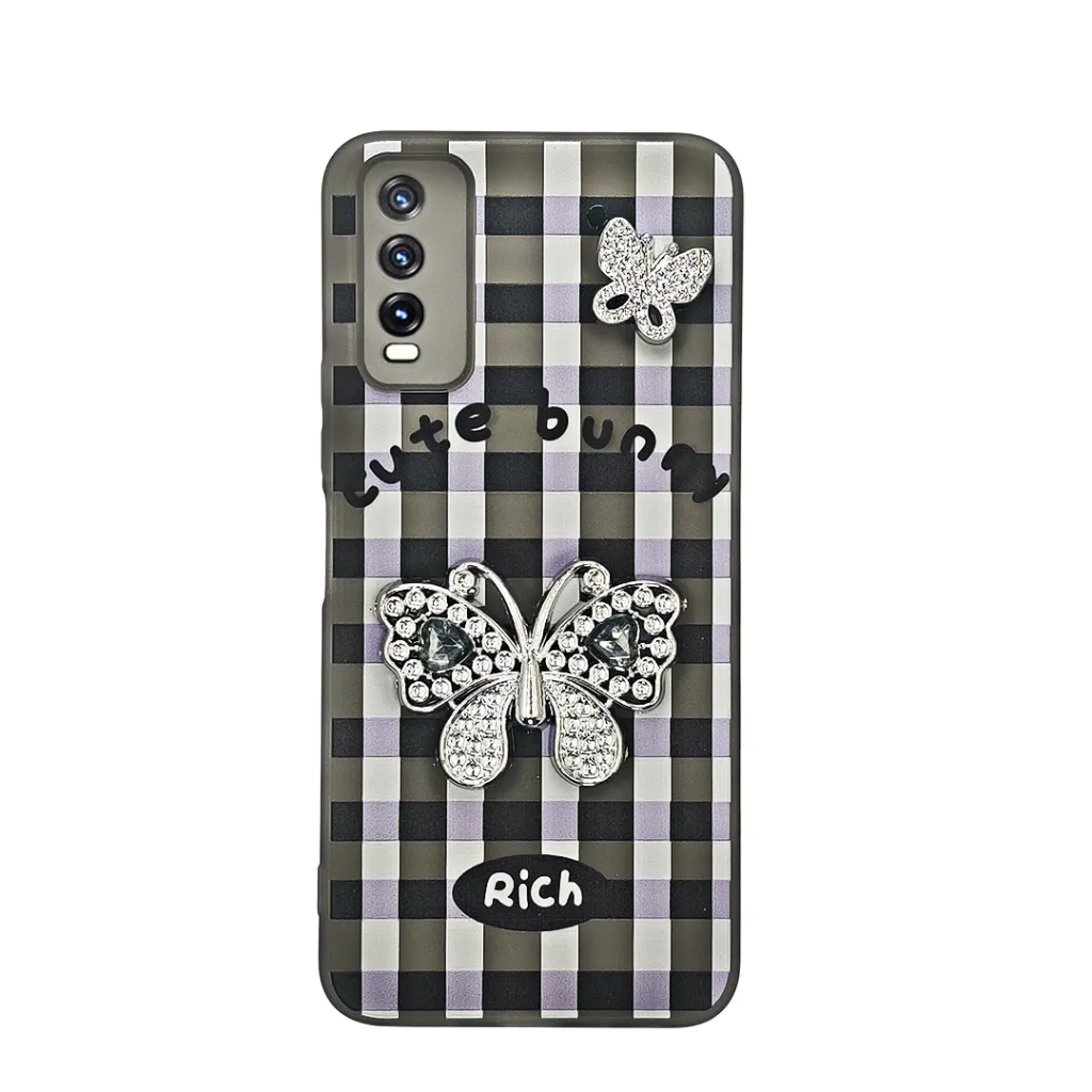 [PO9BVIY20-17-2] Vivo Y20|Y20i|Y20S|Y12S|Y12A Soft Silicone Fancy Silver Stones Butterflies Mobile Back Case (Black)
