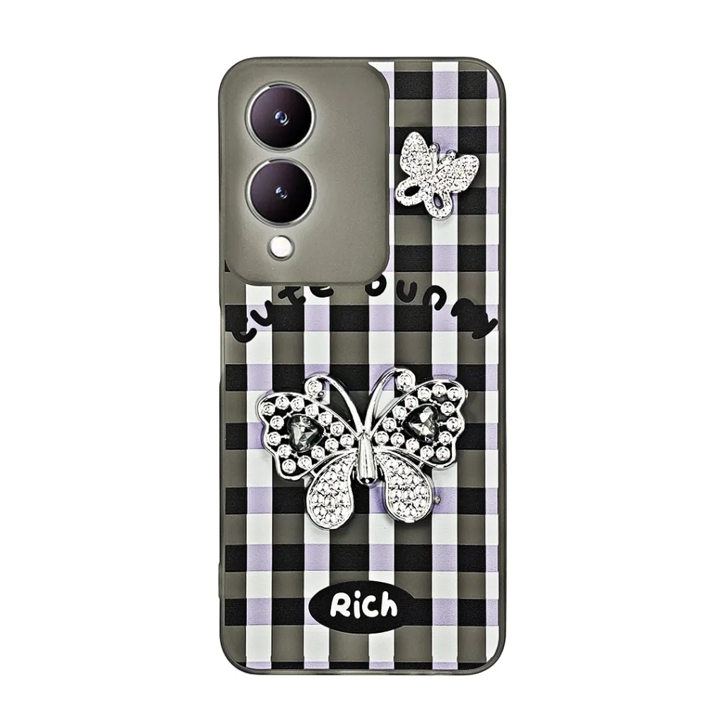 [PO9BVIY17S-17-2] Vivo Y17S 4G Soft Silicone Fancy Silver Stones Butterflies Mobile Back Case (Black)