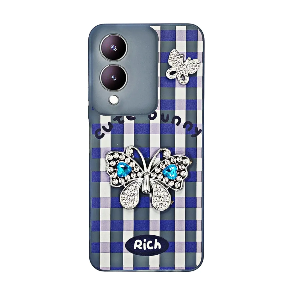 [PO9BVIY17S-17-3] Vivo Y17S 4G Soft Silicone Fancy Silver Stones Butterflies Mobile Back Case (Blue)
