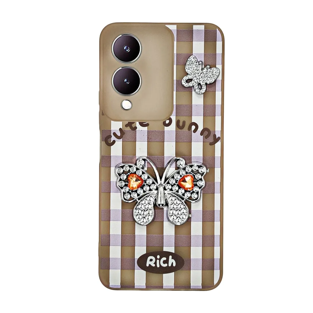 Vivo Y17S 4G Soft Silicone Fancy Silver Stones Butterflies Mobile Back Case (Desert Titanium)