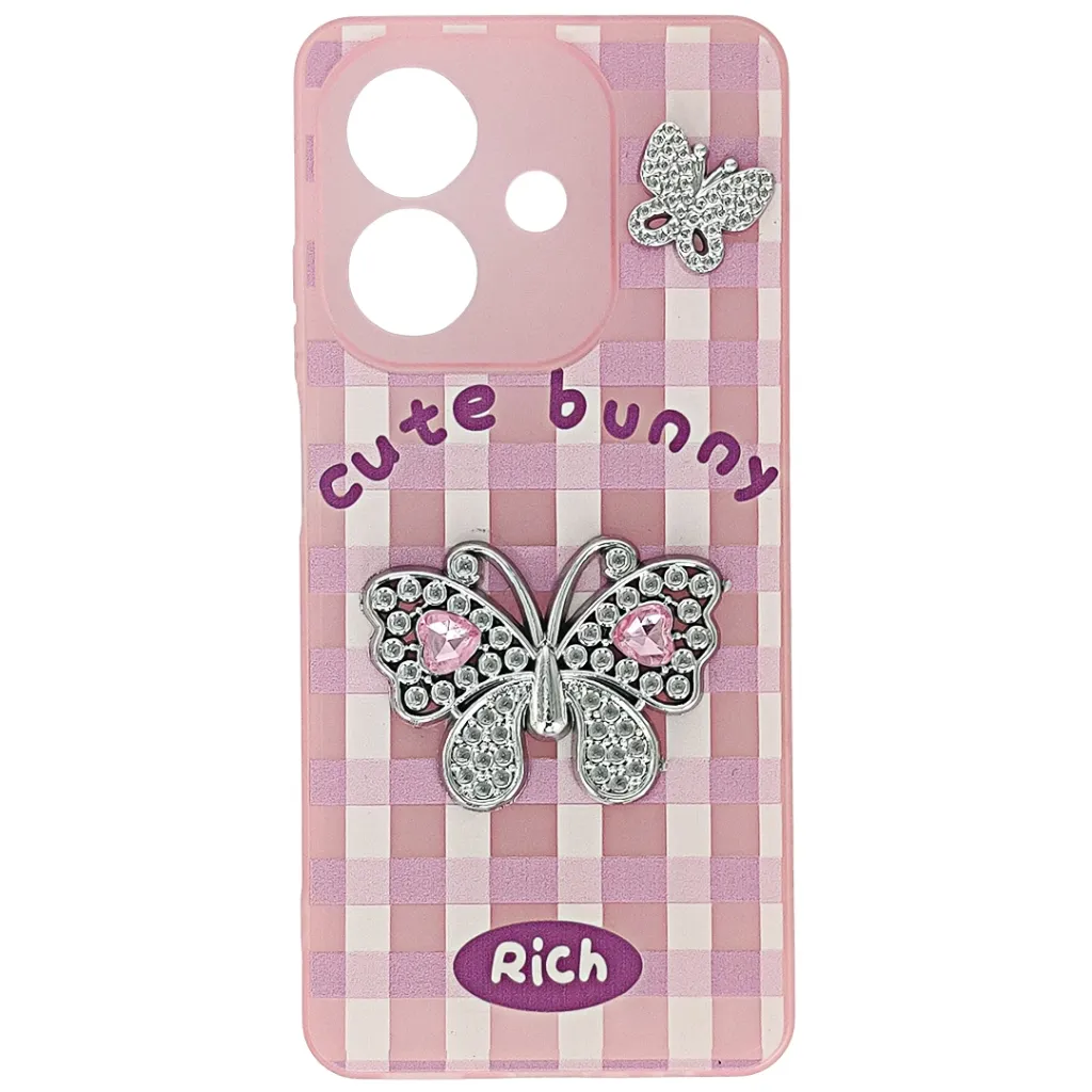 [PO9BOA3X-17-10] Oppo A3/A3x/A5i Soft Silicone Fancy Silver Stones Butterflies Mobile Back Case (Pink)