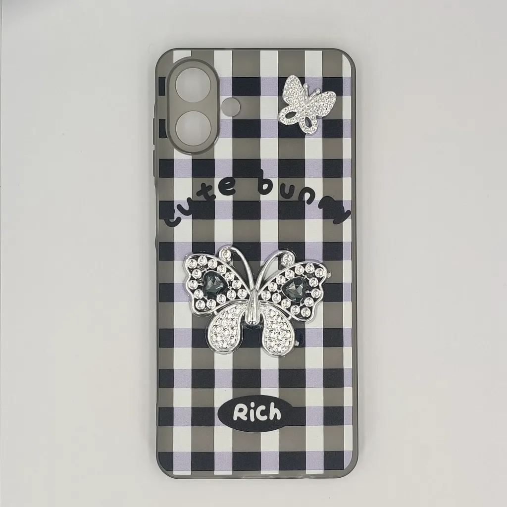 [PO9BSA07-17-2] Samsung Galaxy A07 4G|5G Soft Silicone Fancy Silver Stones Butterflies Mobile Back Case (Black)
