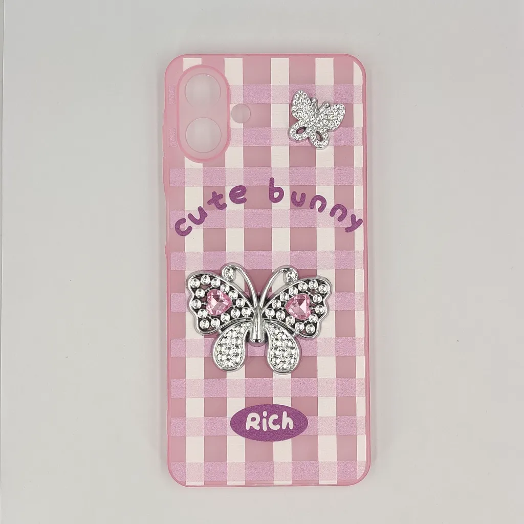 Samsung Galaxy A07 4G|5G Soft Silicone Fancy Silver Stones Butterflies Mobile Back Case (Pink)